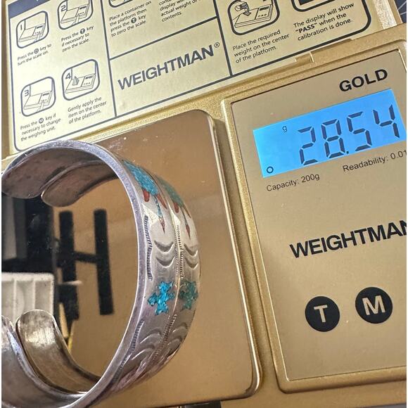 Navajo Native vintage sterling silver turquoise chip inlay cuff bracelet 28.54 - Picture 10 of 10